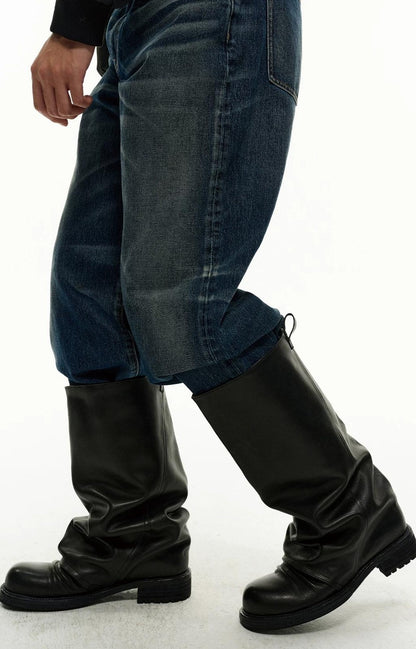 PLEATED COWHIDE LEATHER BOOTS
